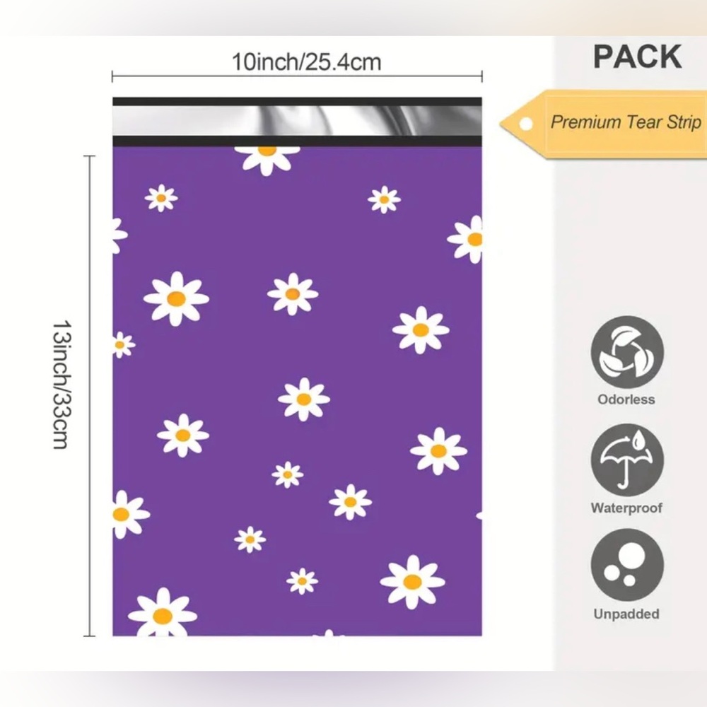 10 X 13” Purple Polymailers with Daisy Print - 10 Packaging Bags - Picture 3 of 3